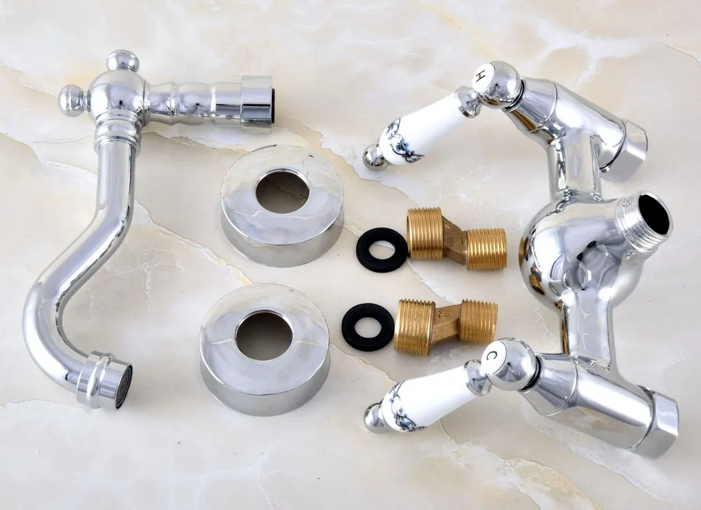 Polished Chrome Brass Wall Mount Kitchen Sink Faucet Swivel Spout Mixer Tap Dual Ceramics Handles Levers anf564