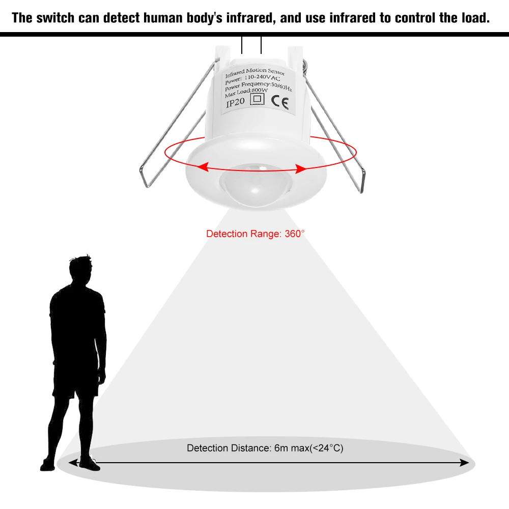 Мини Инфракрасный датчик движения переключатель 360 градусов PIR Обнаружение утопленный потолочный датчик движения Детектор лампа светильник переключатель