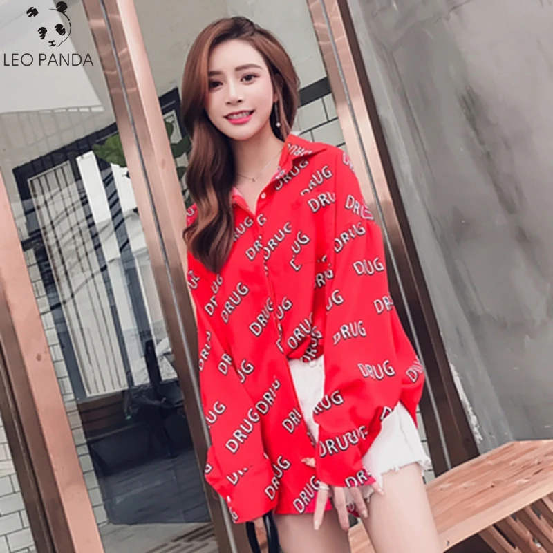 

2019 Spring Autumn Shirt Women Fashion New Loose Plus Size Casual Letter Printing Lapel Street long Shirts Female Blouses