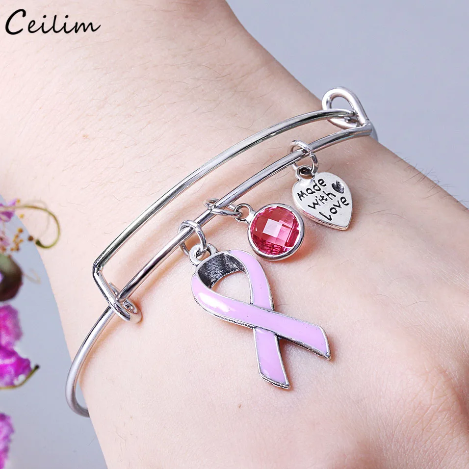 

Breast Cancer Awareness Bracelet Women Fashion Silver Color Expandable Wire Bangle Pink Ribbon Charm lnspirational Bracelets