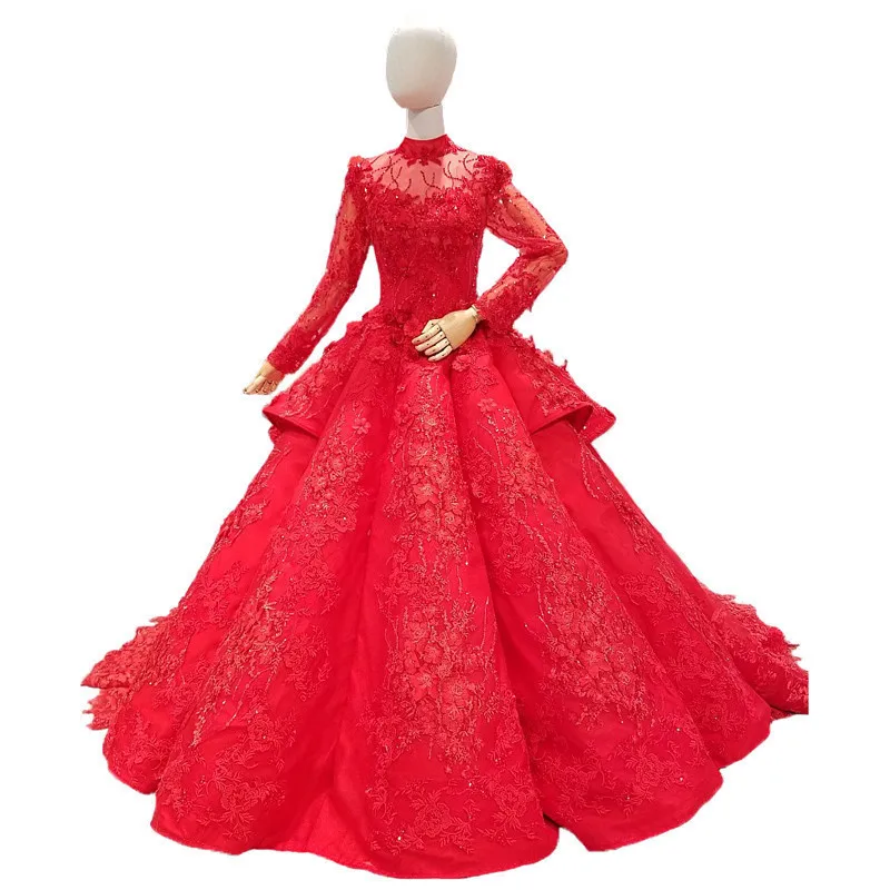 2018 красный кружево Высокая вырез, Свадебные платья собор поезд кружево до бальное платье принцессы Иллюзия Свадебные платья Vestido De Noiva