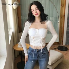 WHITNEY WANG Осенняя модная Уличная Сексуальная квадратная цветная кружевная тонкая короткая футболка Женские футболки топы