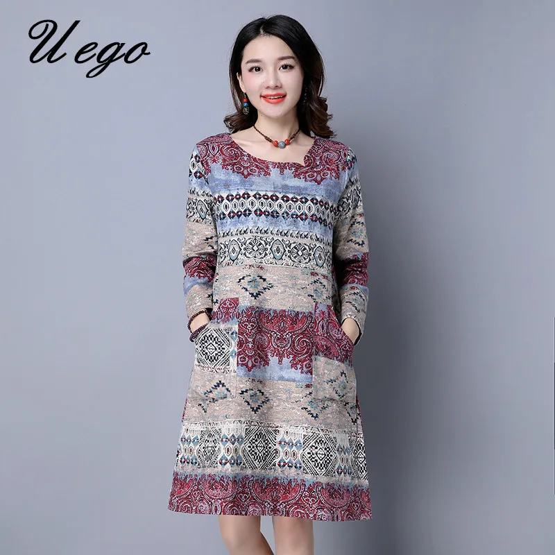 

Uego 2019 Fashion Spring Dress Print Floral Long Sleeve Cotton Linen Loose Women Casaul Dress Plus Size Vintage Dress Vestidos