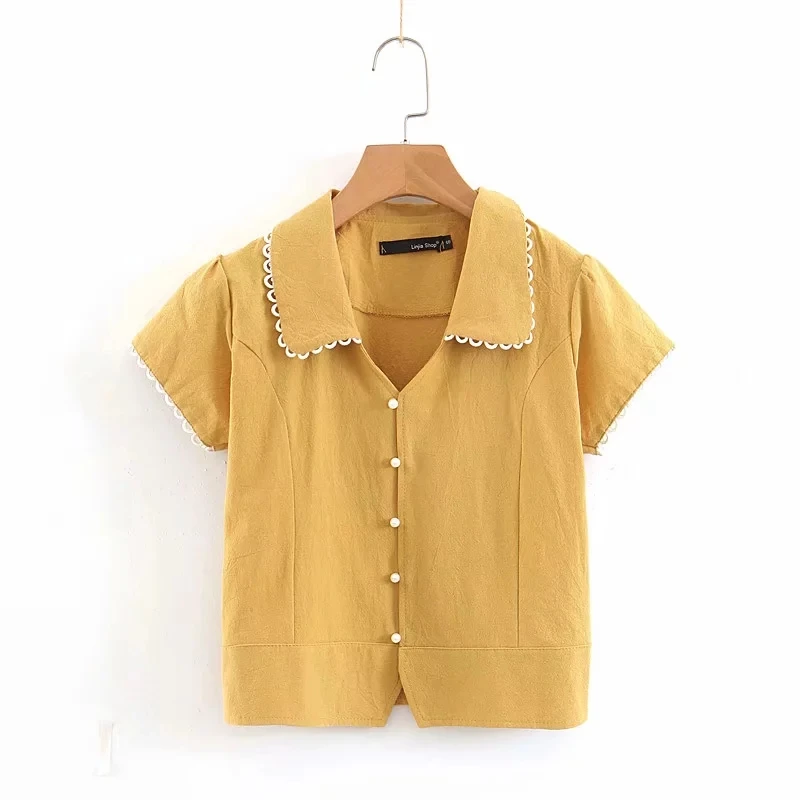 

Klacwaya women cotton blended bomb shirts 2019 fashion ladies beading button yellow blouses girls bohemian burgundy tops shirt