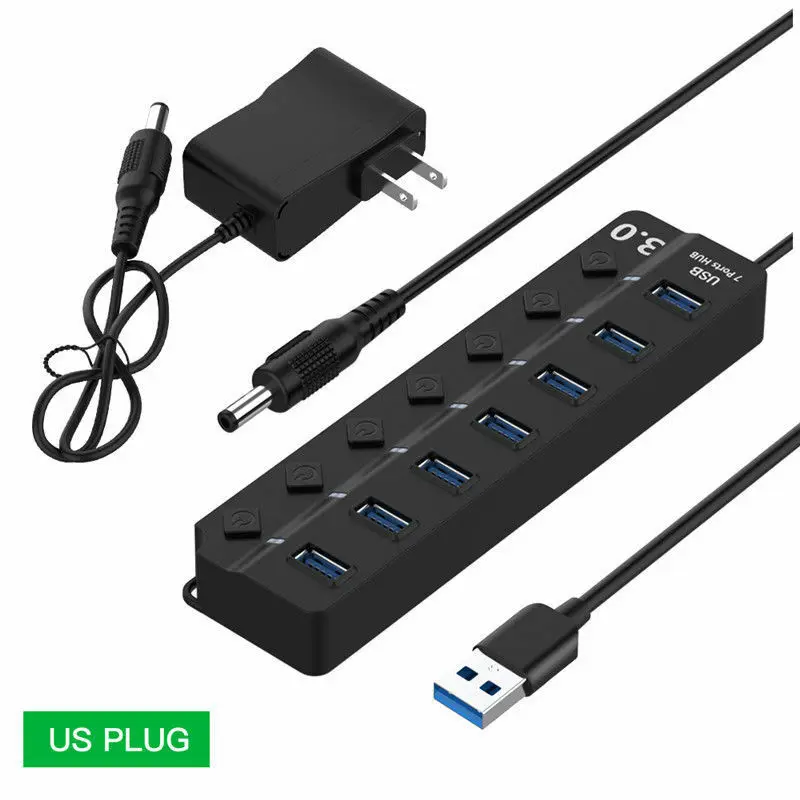 Fealushon 4/7 Порт USB 3.0 Концентратор 5 Гбит / с Высокоскоростной Вкл. Выкл. Включает адаптер переменного тока для ПК - Цвет: 7 Port add US Plug