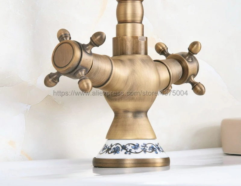 Basin Faucets Antique Brass Bathroom Sink Faucet 360 Degree Swivel Spout Double Cross Handle Bath Mixer Taps Nnf602