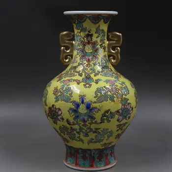 

Antique QingDynasty porcelain vase,yellow Pastel ear bottle,Hand-painted crafts,Collection&Adornment,Free shipping
