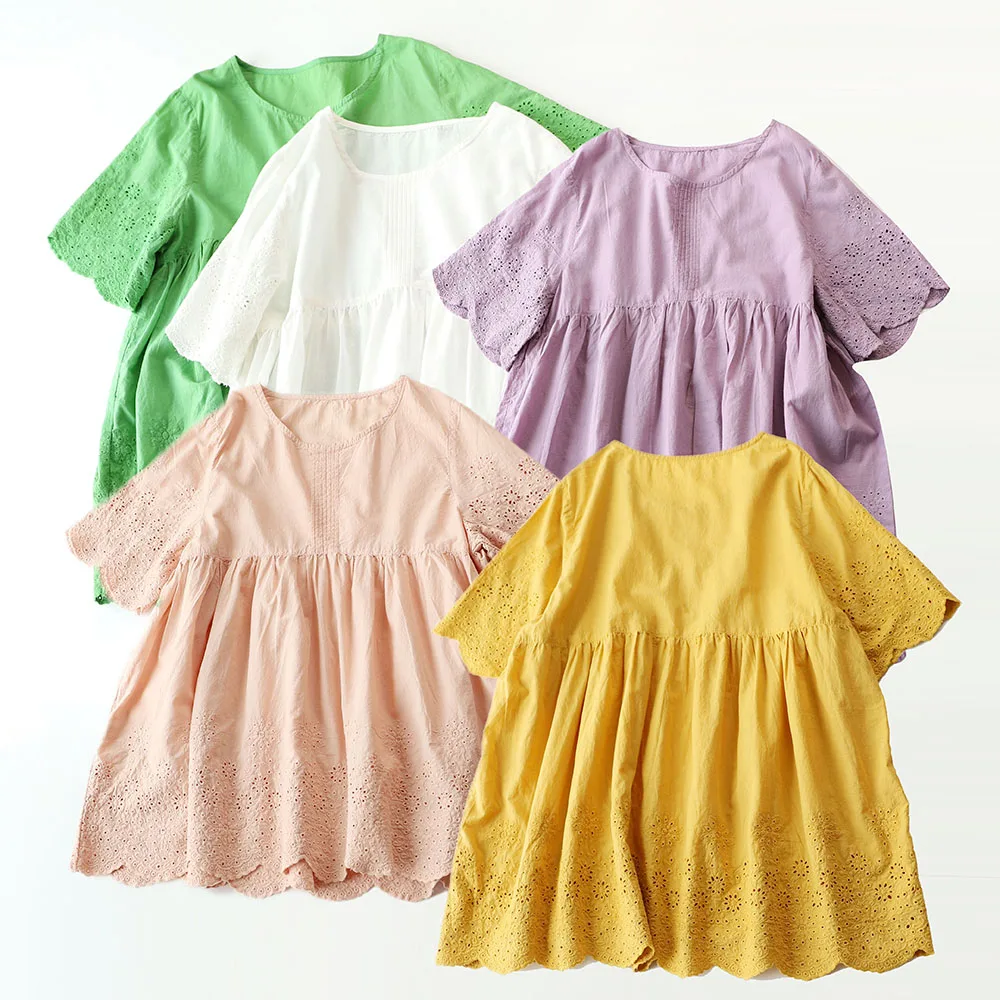 

Spring Summer Women Cute Mori Girls Loose Plus Size Floral Embroidery Thin Cotton Shirts