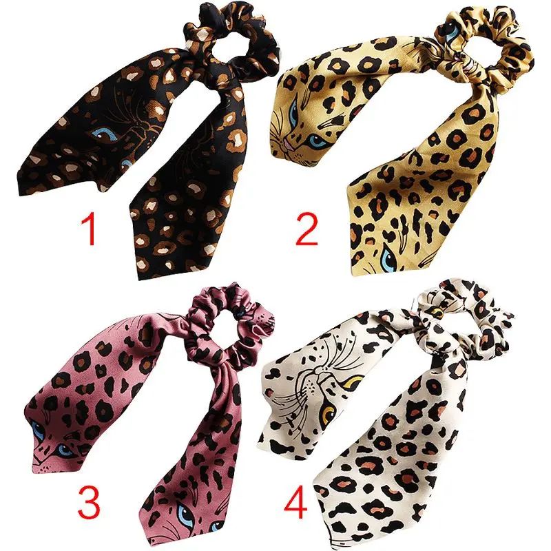 

Women Ladies Vintage Leopard Eyes Expression Print Hair Rope Detachable Knotted Scarf Bandana Ponytail Holder Ruched Scrunchies