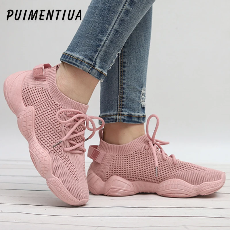 Puimentiua/эластичная Женская Вулканизированная обувь; повседневные сетчатые кроссовки; женская обувь на плоской подошве