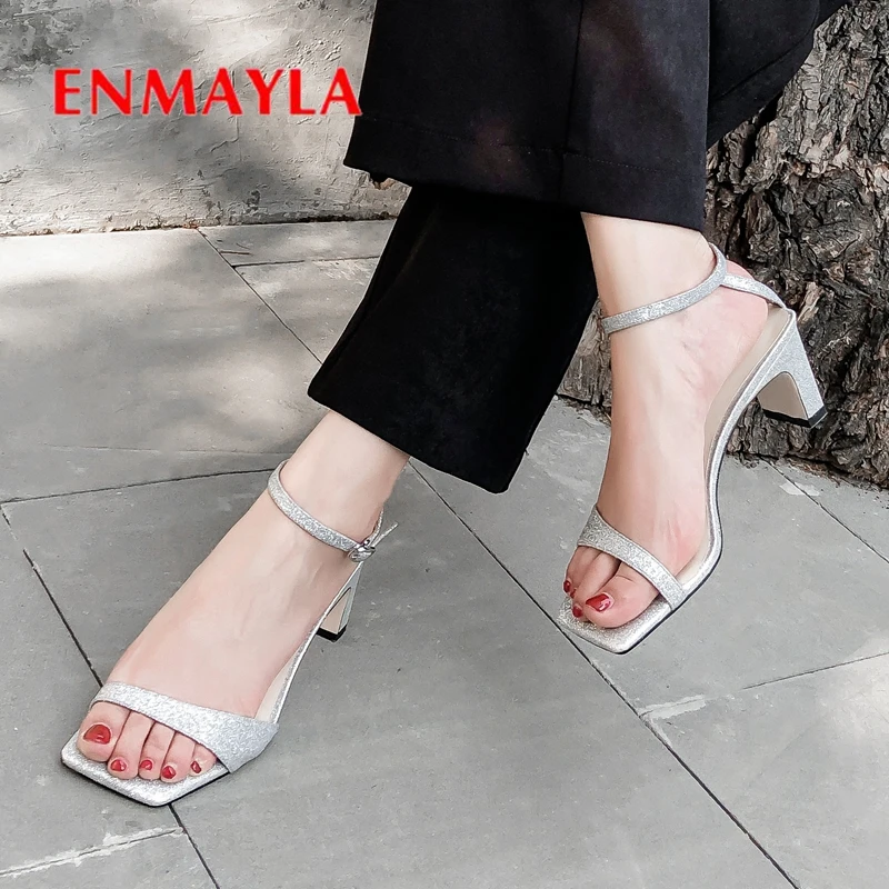 

ENMAYLA New Sandals 2019 Genuine Leather Basic Office & Career High Heels Sandals Women Solid Buckle Strap Size 34-39 LY2448