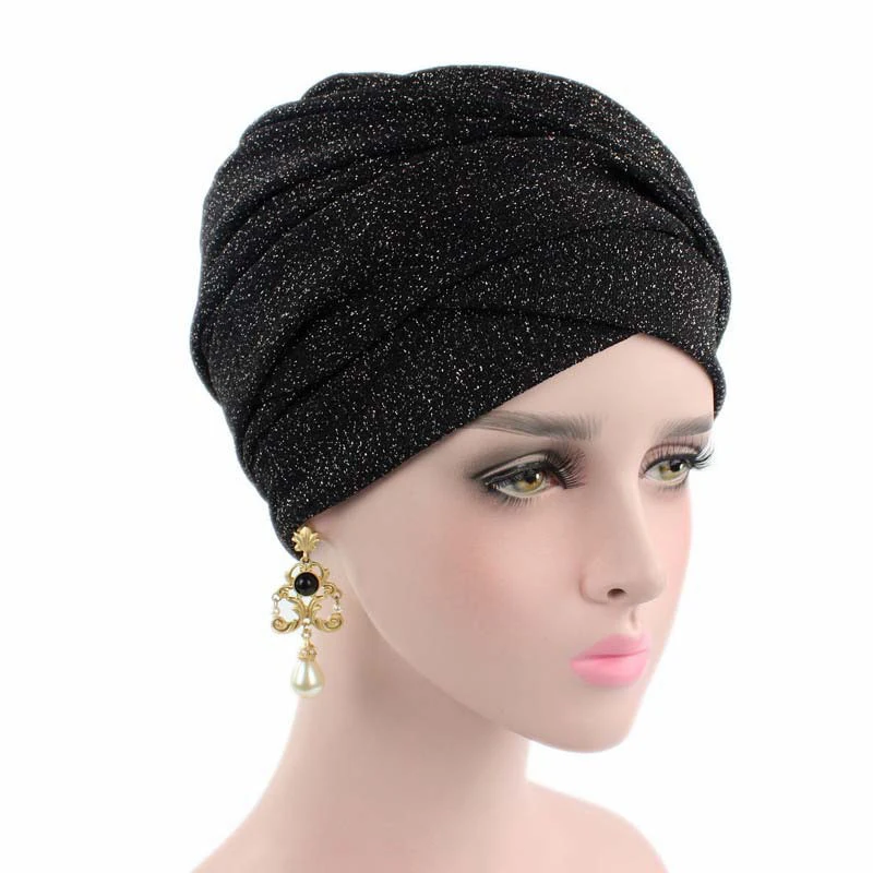 New Design metallic line Muslim Skullies& Beanies Stretch cloth headgear cap for women luxury brand head scarf African wrap hat