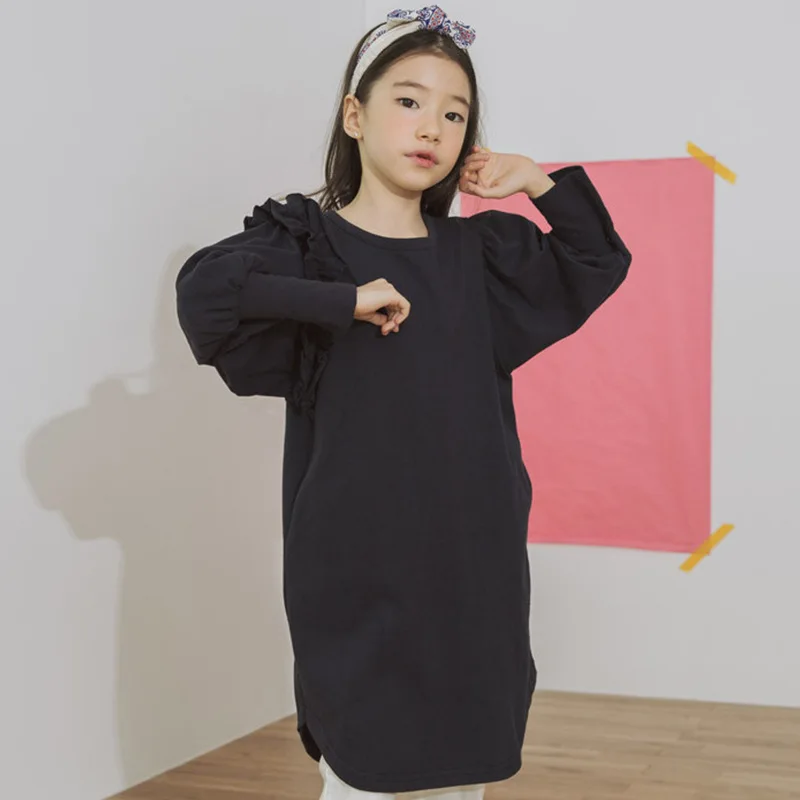 Новинка года; Брендовое детское осеннее платье для девочек; хлопковое платье; повседневное детское черное платье с рюшами и эластичным рукавом-фонариком;#5302