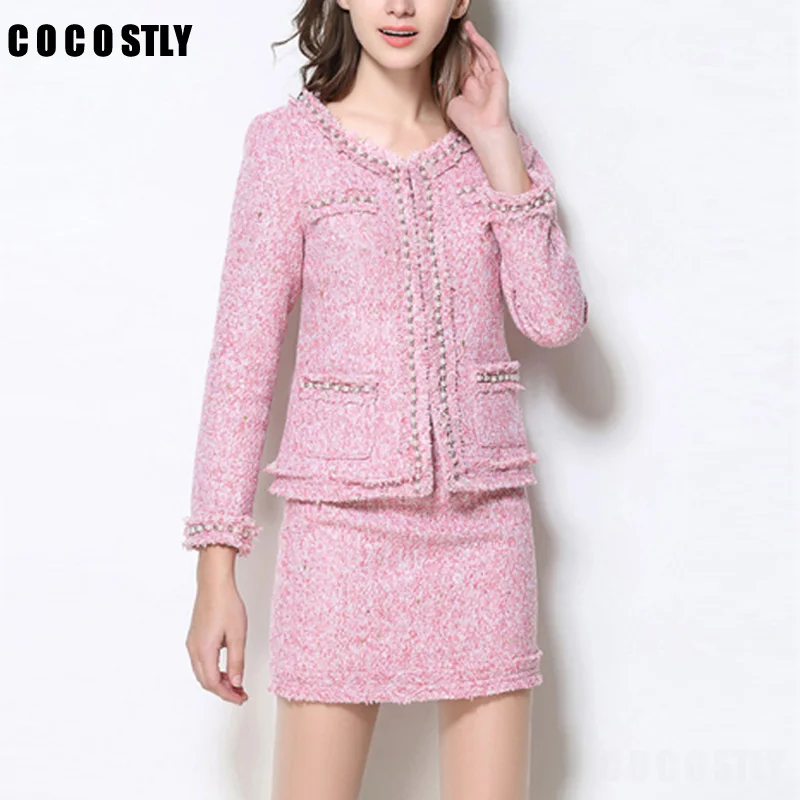 

2 Piece Set Women Wool Set Classic Elegant OL Package hip skirt Obviously Sexy Tweed Elegant Office Skirt Suit Set Female suits