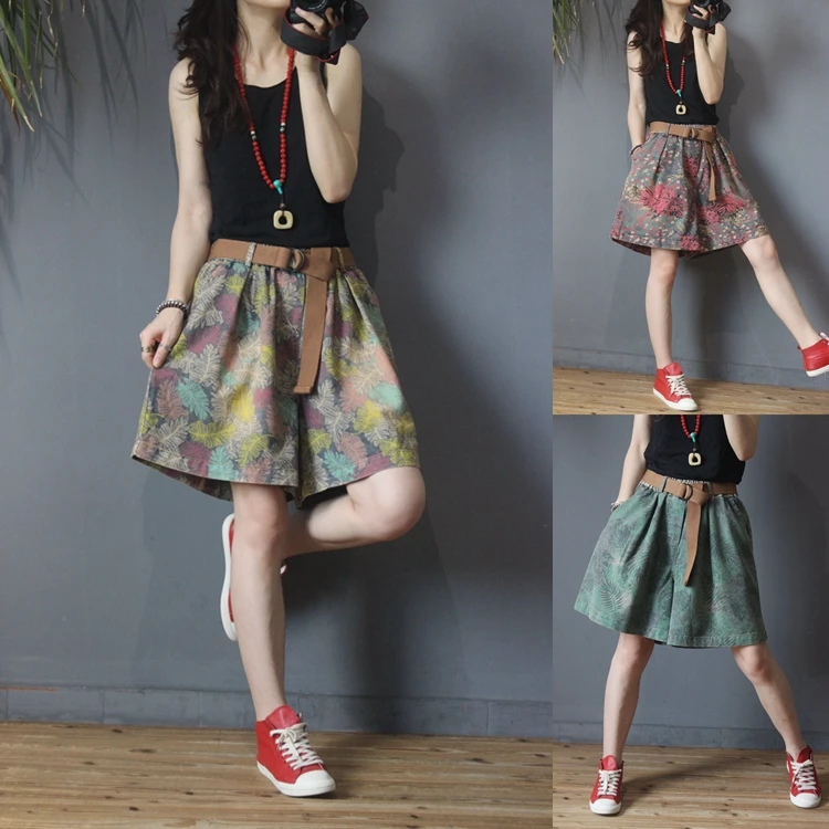 

Summer New Arrivals Women Casual All-match Loose Plus Size Vintage Bleached Denim Floral Print Wide Leg Patns Skorts 3 Colors