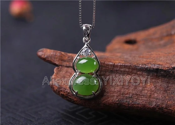 925 Sterling Silver Green HeTian Jade Jasper Beads Inlay Cucurbit Design Lucky Pendant + Chain Necklace Fine Jewelry Charm Gift 925 Sterling Silver Green HeTian Jade Jasper Beads Inlay Cucurbit Design Lucky Pendant + Chain Necklace Fine Jewelry Charm Gift