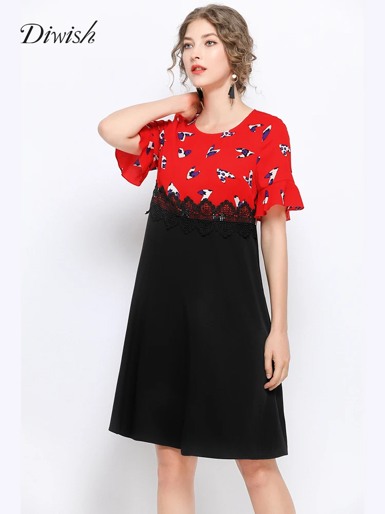 

Diwish Women Summer Dress 2019 Chiffon Flare Sleeves Print Elegant Lace Decor 5XL Plus Size Vintage A-Line Black Red Midi Dress