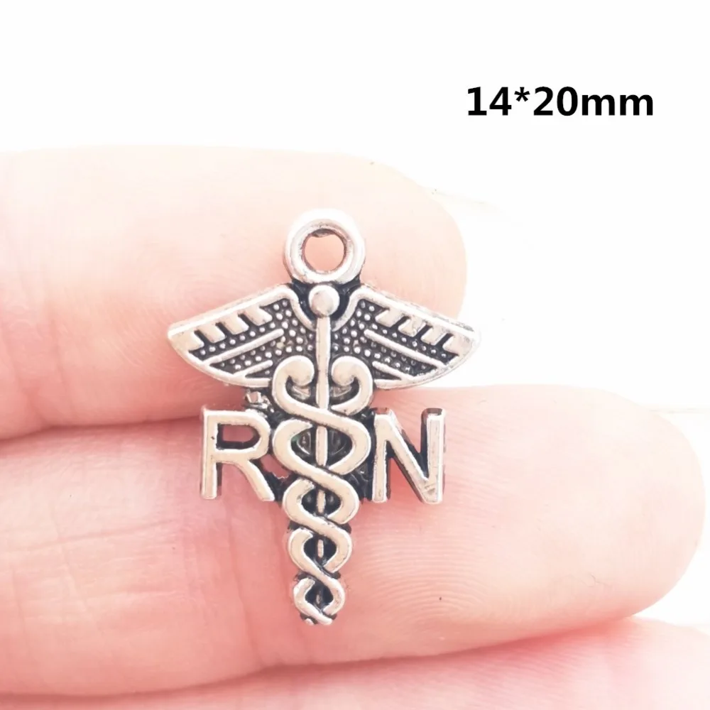 

BULK 30pcs Lots Zinc Alloy Metal RN for Registered Nurse Charms Antique Silver Tone Medical Symbol Pendant 14*20