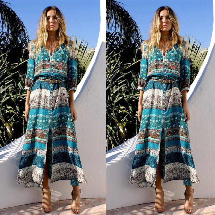 

New Ethnic Embroidery Dress Holiday Resort Boho Midi Beach Dress Summer Women Vintage Long Dress
