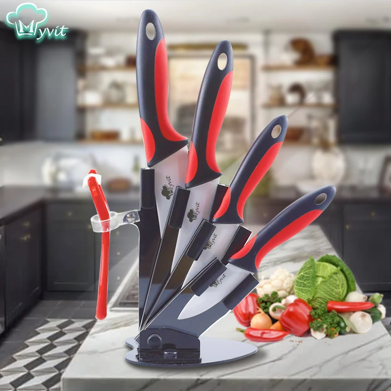 Billige Keramik Messer Küche Messer Halter Chef Slicing Utility Schäl Messer Weiß Klinge 3 4 5 6 zoll + Stand + schäler Kochen Set