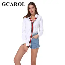 GCAROL 2019 Новое поступление V Neck Poplin Для женщин OL рубашка в полоску в технике пэчворк Oversize Асимметричная блузка аккуратные элегантные белые