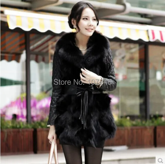 pink Véritable Manteau brown Cuir black Fourrure Overcoatvk0016 topfurmall Veste En Manteaux De Hiver Khaki Col Ourlet Peau Femmes Avec Renard Mouton Et Dame YRn0FB