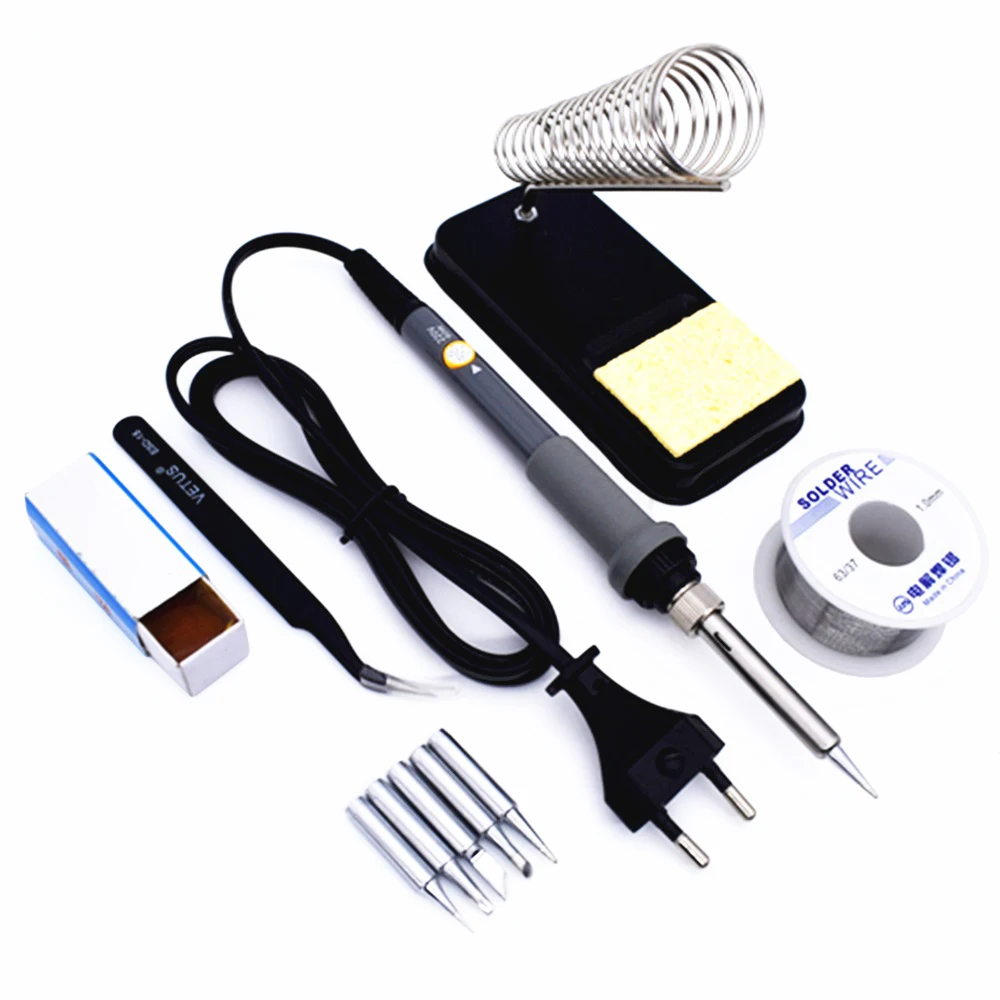 

60W 220V EU Plug Electric Soldering Irons Kit Temperature Adjustable Welding Tool with 5 Tips Solder Wire Tweezers Iron Stand
