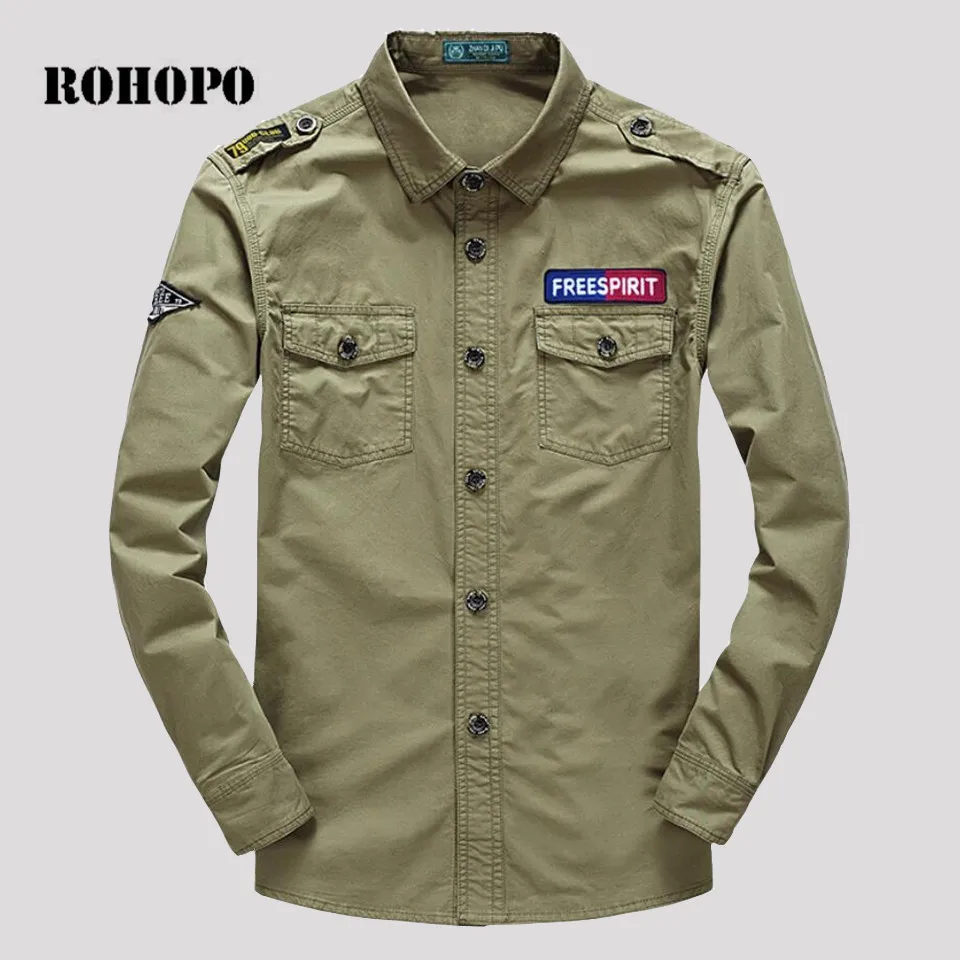 

ROHOPO Shirt Military Style Casual Pockets Cotton Loose Powder Long Sleeve Shirt 2019 Soldier Army Tooling Cargo Spring Shirt