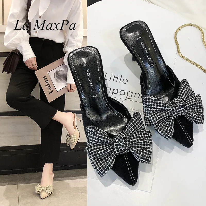

2019 Spring and Summer Women's Shoes Korea Pointed Toe Bow Tie Sexy Slippers High Heels Outside Slides Flip flops