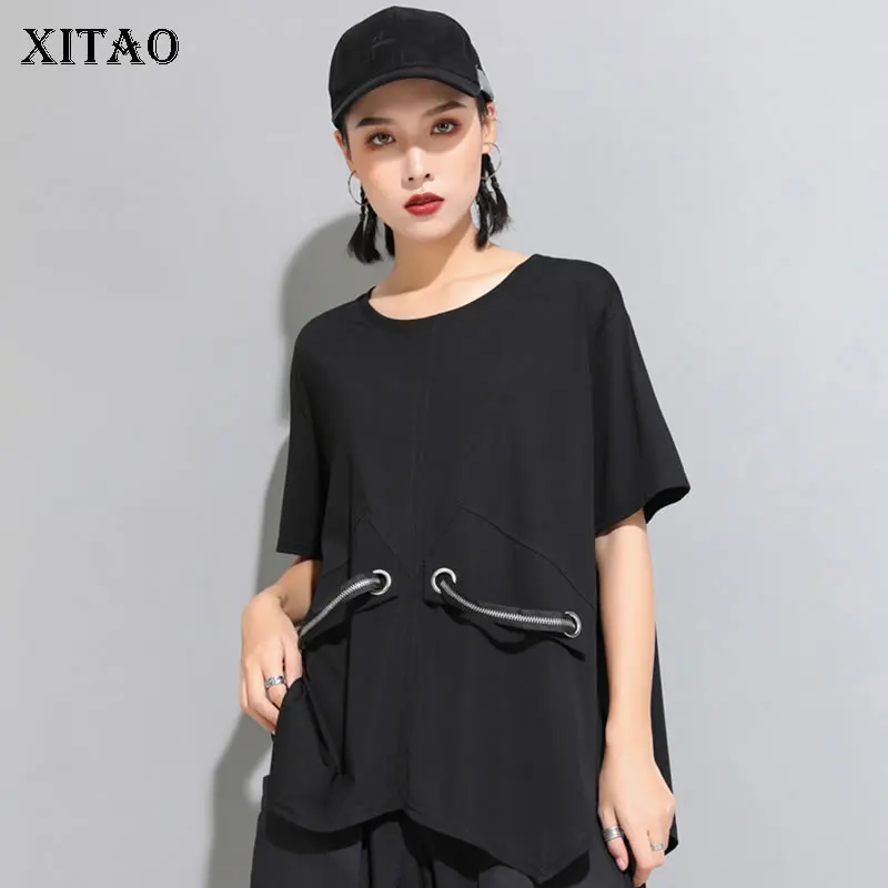 

XITAO Tide Patchwork Irregular Black T Shirt Corn Eye Decoration Personality Pullover Top Short Sleeve Slim Summer New WBB4288