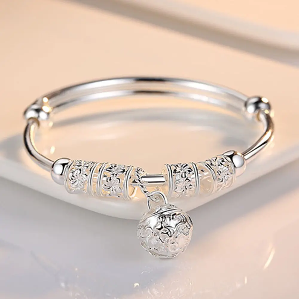 

Fashion Silver Charm Artificial stone Bangle Cuff Bracelet Ball Bell pendants Women Jewelry Gift