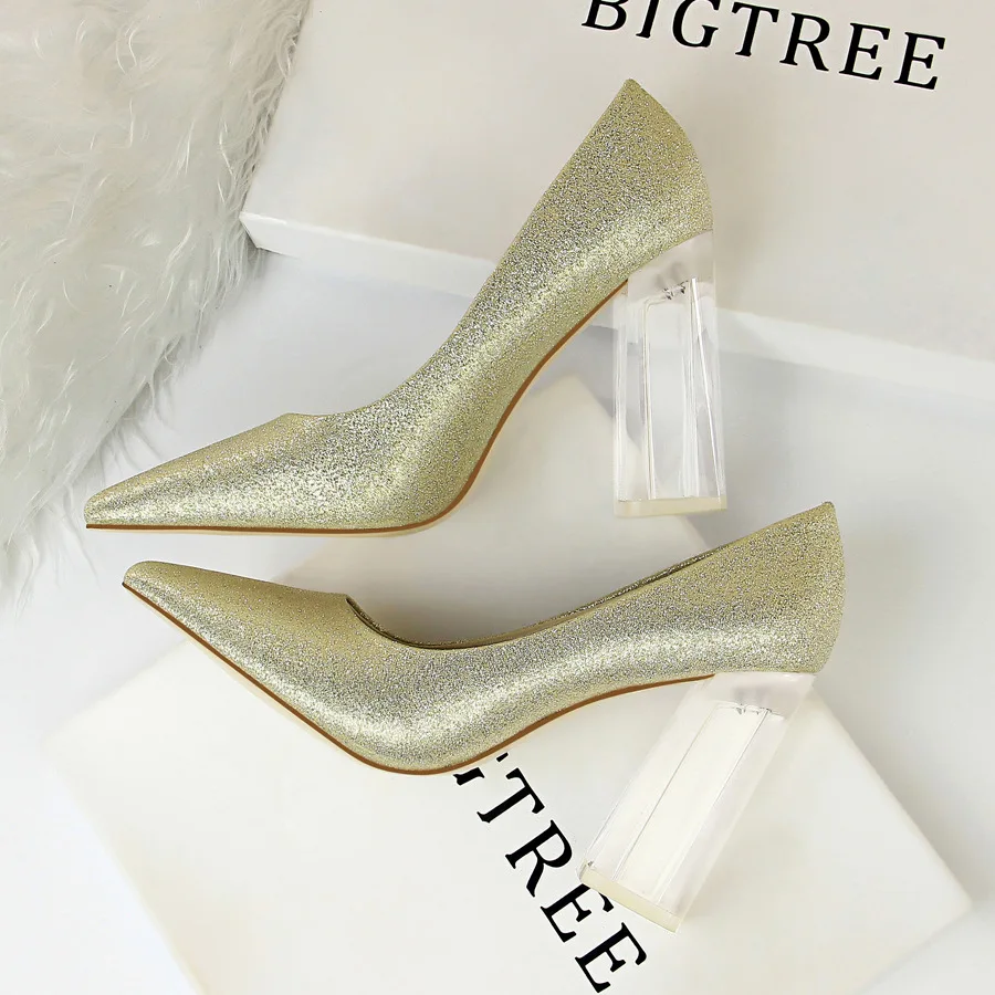 Корейский стиль; Модные прозрачные туфли на высоком каблуке с закрытым носком; пикантные свадебные туфли на высоком каблуке с острым носком; женская обувь - Цвет: Золотой