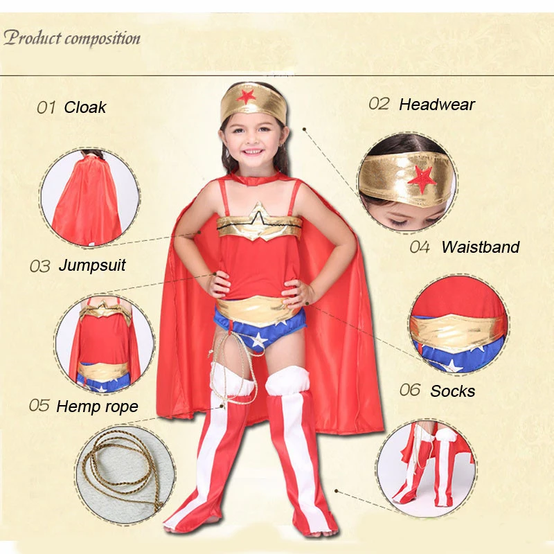 Child Wonder Woman Costume For Girls Kids Red Halloween Superhero 6PC Full Suit