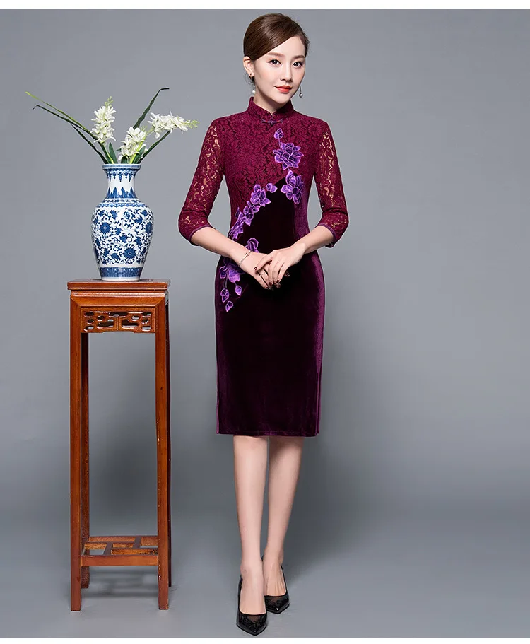 Благородный кружевной женский длиной до колен вышивка Cheongsam Китайский воротник стойка женские Qipao тонкие вечерние платья Vestid