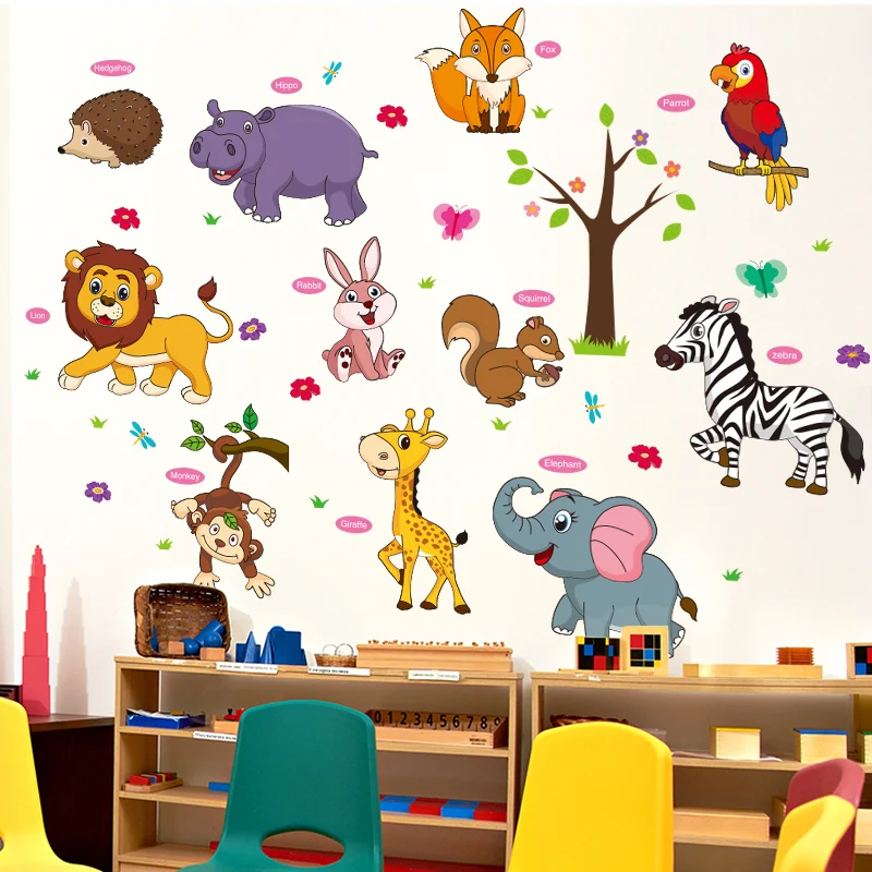 [SHIJUEHEZI] мультфильм Животные наклейки на стену ПВХ Материал DIY декоративные настенные наклейки для детей Детская комната Рисунок “зоопа