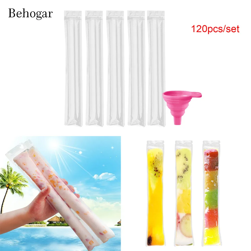 

Behogar 120pcs Disposable Zip-Top Ice Pop Ice Lolly Molds Making Bags w/Foldable Funnel for DIY Juice Fruit Ice Candy Popsicle