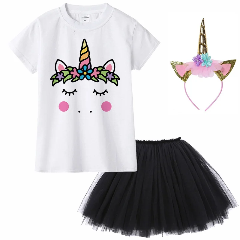 

Flamingo 2019 Unicorn Headband Dresses Children Girls Clothing Party Costume Kids Trolls Princess Dress Set T Shirt + Tutu 2pcs