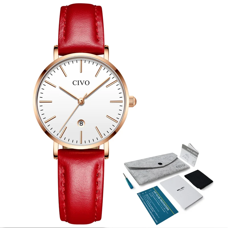 

CIVO Top Luxury Womens Watch Relogio Feminino Ladies Brand Quartz Watches Chronograph Genuine Leather Strap Gold Wristwacth