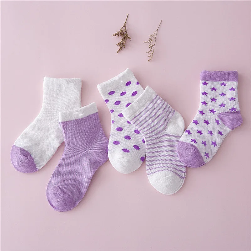 

5 Pair 10PCS Per Lot Baby Socks Neonatal Summer Mesh Cotton Polka Dots Plain Stripes Kids Girls Boys Children Socks for 0-6 Year