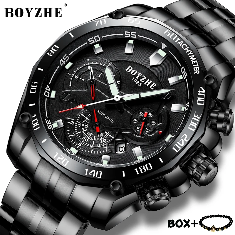 BOYZHE الفاخرة الميكانيكية الساعات متعددة الوظائف الفولاذ المقاوم للصدأ الرياضة ووتش الرجال مضيئة للماء ساعة اليد relogio masculino BOYZHE الفاخرة الميكانيكية الساعات متعددة الوظائف الفولاذ المقاوم للصدأ الرياضة ووتش الرجال مضيئة للماء ساعة اليد relogio masculino