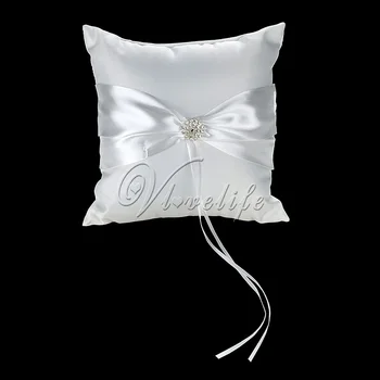 

2Pcs/Set White Diamante Round Buckle Satin Ribbon Bow Wedding Ring Pillow and Girl Flower Basket for Wedding Paryt DIY Decor