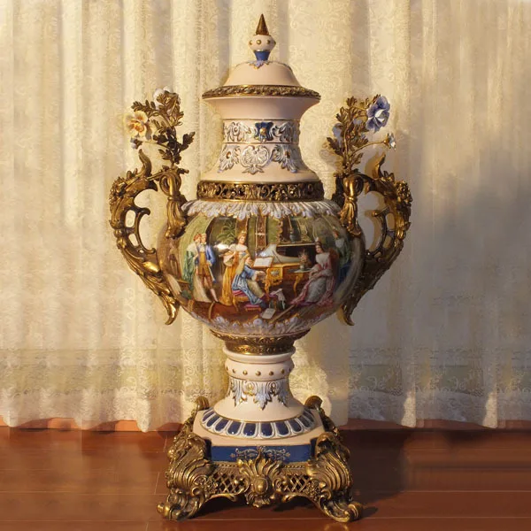 European Style Porcelain Vase Brass Base Bible Theme Ceramic Decoration Antique Bronze Art