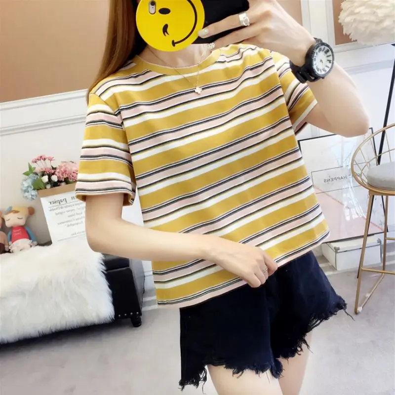 

Women Sweet Contrast Striped Print Short Sleeves T-Shirt Pullover Round Neck Tshirt Spring Summer Casual Tops Plus Size