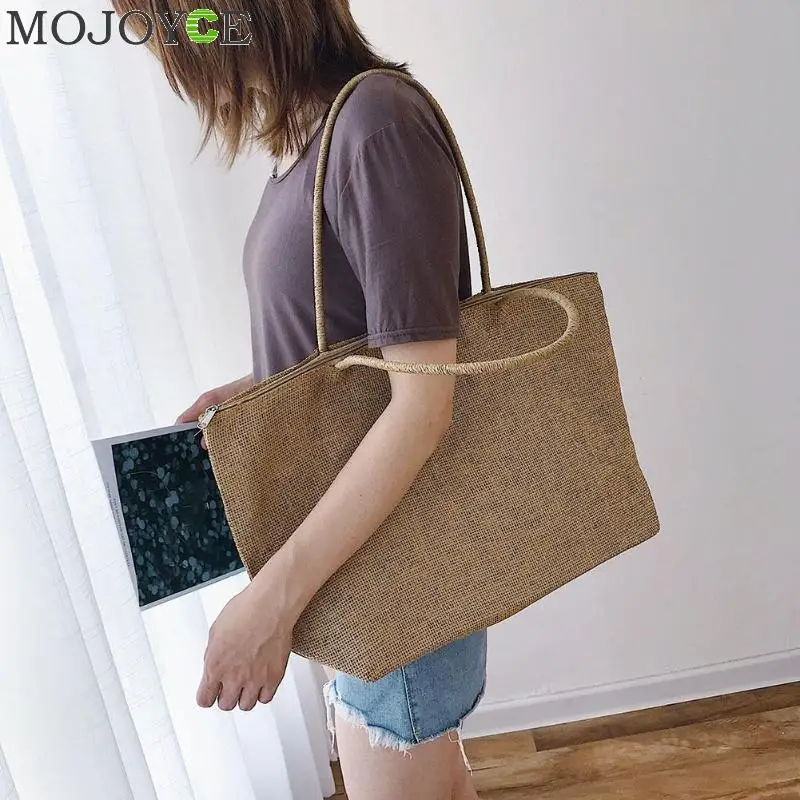 

Fashion Ladies Solid Color Shoulder Handbags Summer Beach Women Large Capacity Top-handle Bags Casual Linen Shopping Totes