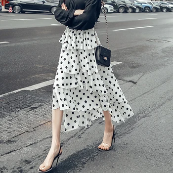 

2019 Beach Black Polka Dot Printed Layers Tiered Long Skirts High Waist Womens Summer Chiffon Bohemian Asymmertical Jupe Saia