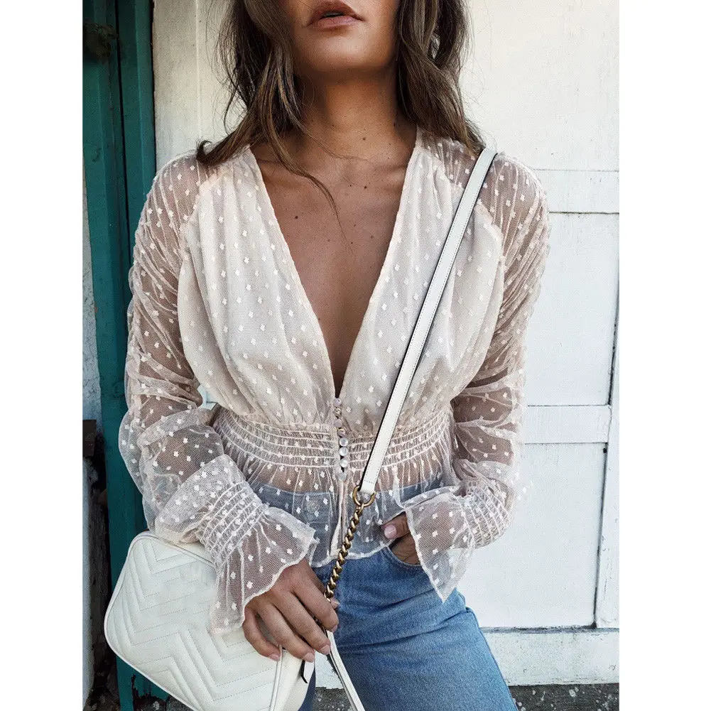 

2019 New Women Mesh Sheer V Neck See-through Long Sleeve Crop Blouse New