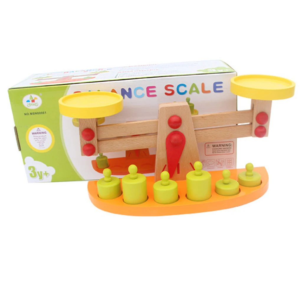 Kids Montessori Material Toys - Balance Scale with 6 Pieces Wooden Weights, Preschool Learning Toy Gift for Kids Children