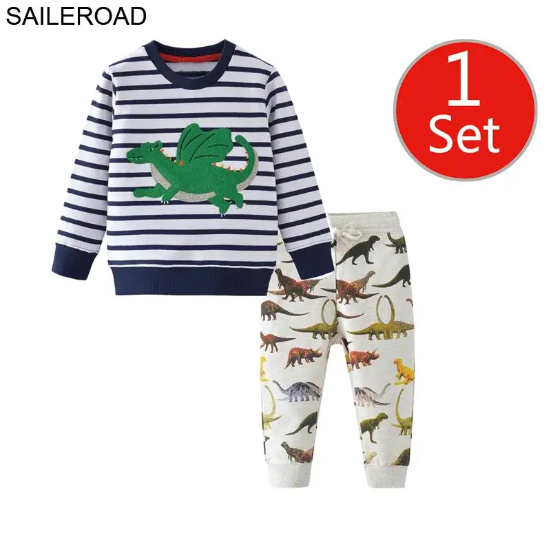 Goede SAILEROAD Dinosaurus Print Kostuums voor Jongens Lange Mouwen Outfits Herfst tweedelige Peuter Jongen Kleding Sets Katoenen Kleding Set