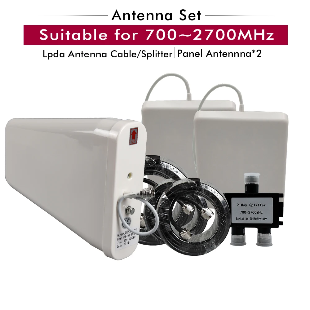 

Outdoor LPDA Antenna+2 PCS Panel Indoor Antenna+1/5/10/15 Meters Cables+2-way Splitter Set for 700~2700MHz Mobile Signal Booster
