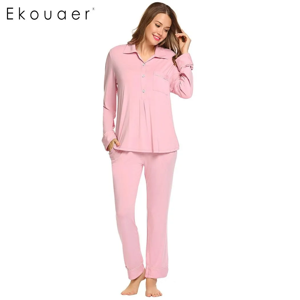 Ekouaer Casual Loose Pajama Women Solid Long Sleeve Tops with Elastic